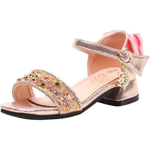 Fashion Children Rhinestone Sandals Princess Bowtie Sequins Girls Kids Leather Soft Bottom Beach Shoes 3 4 5 6 7 8 9 10 11 Years