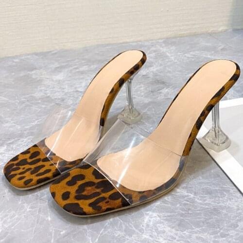 Fashion Women Sandals High Heels 3.54 Inches Beautiful Transparent Sexy Leopard Pattern Slippers（Size 36-43