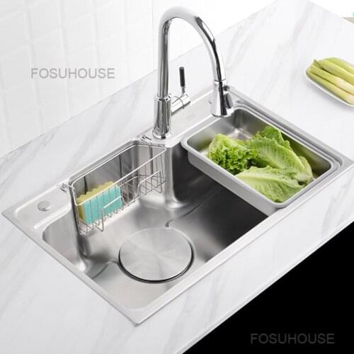 Kitchen Sink Set 304 Thickened Stainless Steel Single Trough Wash Dish Basin under Platform Water Bucket Wash Dish Pool