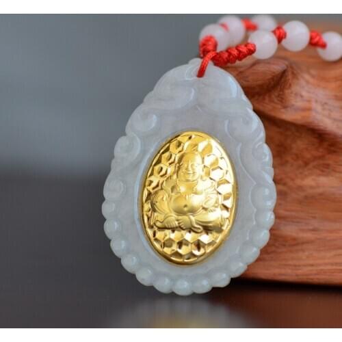 Jade Pendant Chinese Unisex For Men Women Buddha Pendant Jade Gold Jewelry Good Quality Best Gift