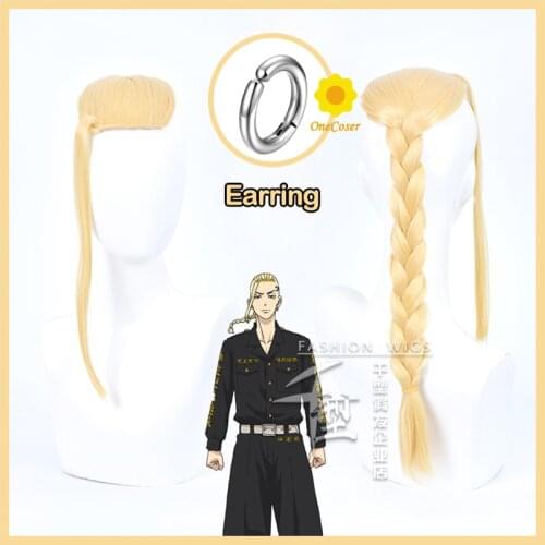 Anime Tokyo Revengers Ken Ryuguji Cosplay Wig Blond Golden Braid Hair Earring Heat-resistant Fiber Hair + Free Wig Cap