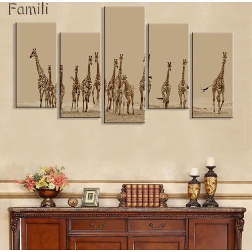 Printed African Giraffes Canvas Painting 5Panel Unframed Wall Pictures For Living Room Hot Cuadros Decoration HD Modular Picture