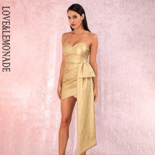 LOVE&LEMONADE Sexy Gold Bandeau V-Neck Double Streamers Cross PU Material Mini Party Dress LM82017