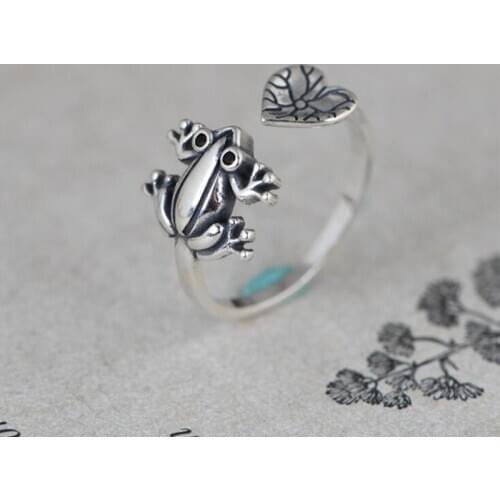 Novel Bohemian Style Frog Design Elegant Art Retro Style Heart-Shaped Lotus Leaf Open Ring Friend Gift Jewelry Accessory 2021