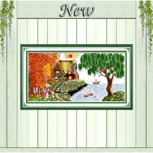 Dream Homes scenery sunrise painting counted printed on canvas DMC 14CT 11CT Chinese Cross Stitch Needlework Sets Embroider kits