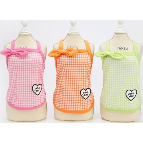 Love Hear Design Spring Summer Dog Clothes Plaid Pink Green Orange Pet T-Shirt With Sling