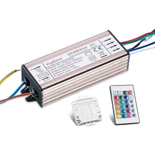 Vogliovoi 50W RGB Driver AC85-265V Waterproof Aluminum Silver With Memory 24Key Controller +30Mil 600mA Chip For Floodlight Blub