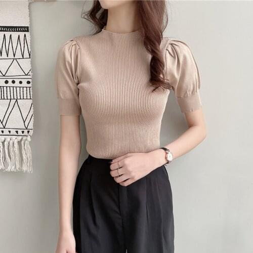 2021 Summer Womens T shirt Korean Short Puff Sleeve Tops Tee Shirts Femme Solid O-neck Knitted Slim Thin Casual Tees