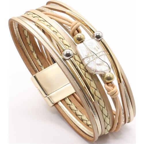 Pearl Crystal Fashion Blue Multilayer Gorgeous Trendy Wide Magnet Leather Bracelets Women Fashion Bangle Female Wedding Jewelry