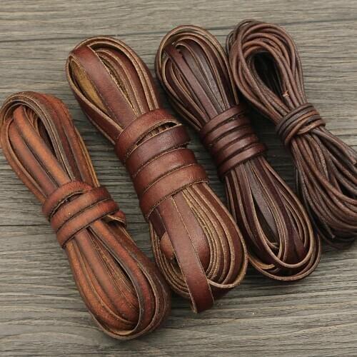 2m Retro Genuine Leather Cord 1.5-10mm Round/Flat Strand Cow Leather Rope Macrame String Bracelets Braided DIY Apparel Sewing