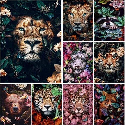 5D DIY Diamond Painting Tiger Lion Face& Flowers Kit Full Drill Square Embroidery Mosaic Art Picture of Rhinestones Decor Gift