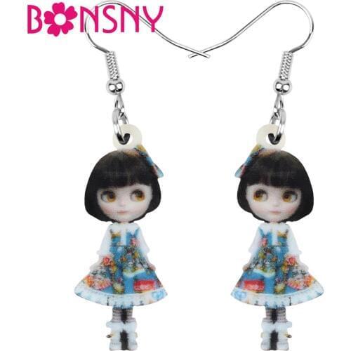 Bonsny Acrylic Lolita Skirt Japanese Girl Doll Earrings Drop Dangle Jewelry For Women Girls Teens Kids Charm Gift Hot Sale Bulk