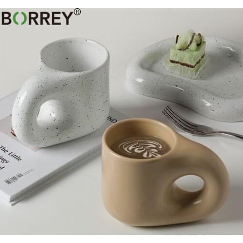 BORREY Fashion Ceramic Coffee Mug Korean Creative Fat Handle Mugs Cup With Round Plates Office Fun Mug Jingdezhen Porcelain Cup