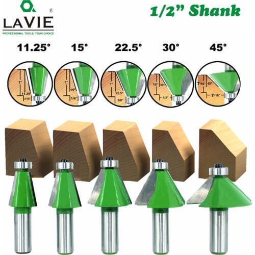 LAVIE 5pcs 12MM 1/2" Shank Chamfer Router Bit 11.25 15 22.5 30 45 Degree Milling Cutter for Wood Machine MC03233