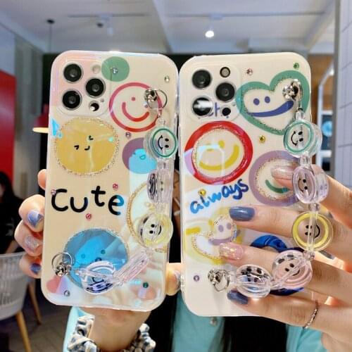 Blue Laser Jewelled Love Smile Face Soft TPU Shockproof Phone Cases for iPhone 7 8 Plus X XR 11 12 Pro Max Wristband Straps
