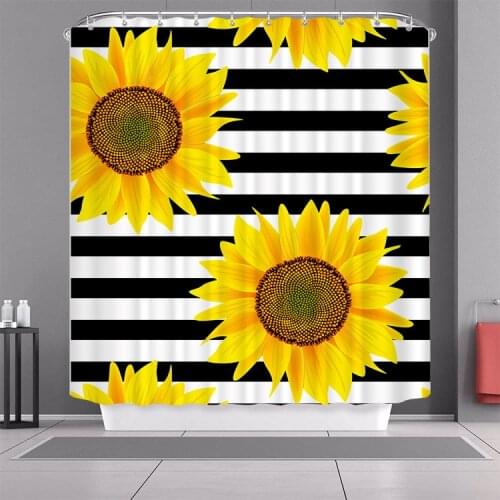 Fashion and Fresh Pastoral Style Polyester Waterproof Shower Curtain 3D Digital Print Striped Sunflower Bathroom