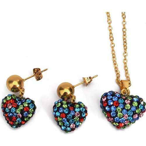 FairLadyHood Fashion Multicolor Zircon Heart Earrings Necklace Stainless Steel Necklace For Women Wedding Jewelry Sets Chain