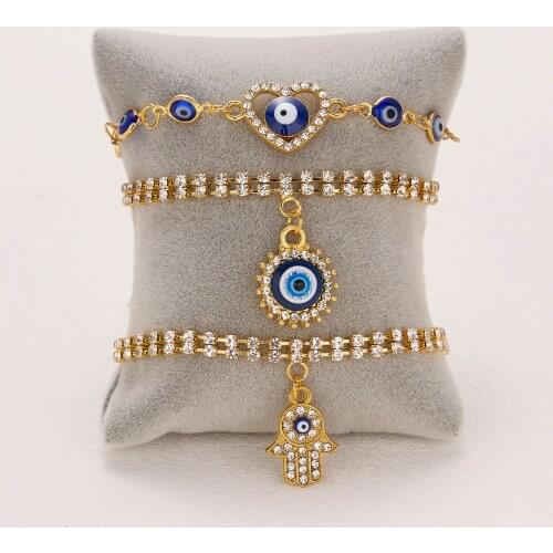 New Trendy Women Turkish Evil Eye Bracelet Double Layer Chain Crystal Heart Shaped Starfish Lucky Jewelry Female Summer Gifts