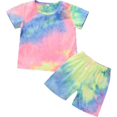 OPPERIAYA 2Pieces Kids Suit Set Baby Girls Tie-Dye Print Round Collar Short Sleeve T-Shirts Short Pants for Summer 1-7 Years