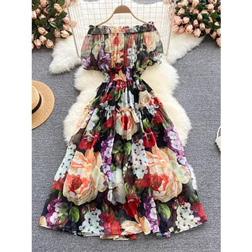 Sexy Slash Neck Flower Printed Chiffon Dress Women Bohemian Short Sleeve High Waist A-Line Vacation Beach Vestidos Female 2021