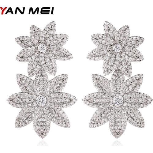 YANMEI Cublic Zircon Double Flowers Dangle Earrings For Women Luxury Plant Earring European Design Brincos YME10054-1