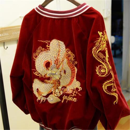 Chic Dragon Embroidered Velvet Jacket Zipper Baseball Jacket Long-sleeved Bomber Cardigan Unisex Corduroy Coat Couples Outwear
