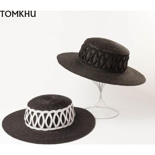 Fashion Black Straw Hats For Women Flat Top Hat Mesh Decoration With Sun Hat Summer Casual Hat Panama Casquette Femme Ete