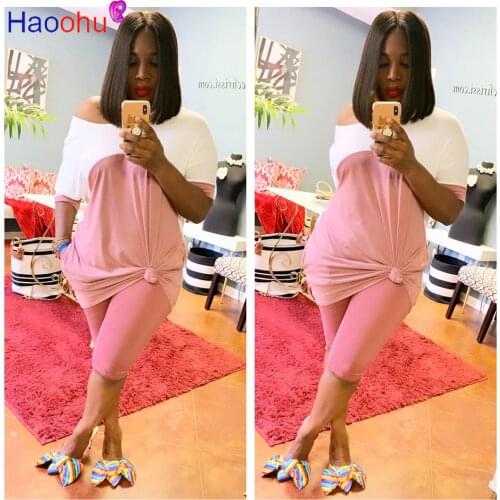 HAOOHU Sport Women Patchwork Two Piece Set one Shoulder Tee Tops Shorts Jogger Sweatpants Suit Tracksuit Matching Set Outfit