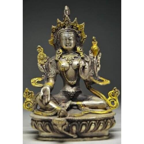 Tibet Buddhism Silver copper Gilt Green Tara Kwan-Yin Bodhisattva Buddha statue