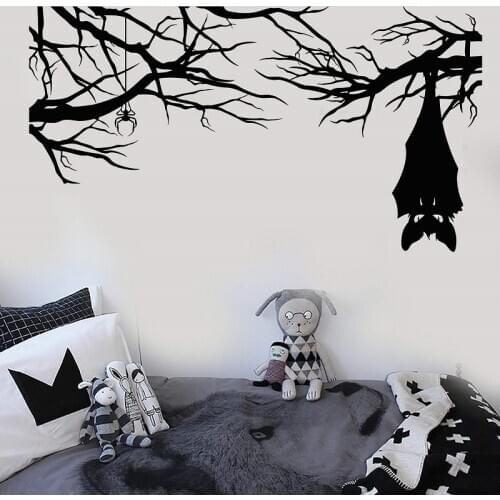 Vinyl Wall Decal Cartoon Gothic Spider Bat On Branch Halloween Stickers Home Living Room Window Decal WSJ15