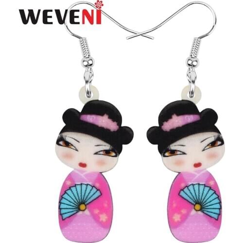 WEVENI Acrylic Anime Japanese Kimono Girl Doll Fan Earrings Drop Dangle Jewelry For Women Girls Teens Kids Charms Hot Sales Gift
