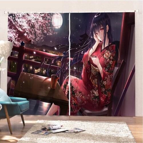 Anime 3D 2 Panels Blackout Curtains Living Room Decor Japanese Girl Blackout Photo Cartoon Curtain Print Fabric Window Drapes