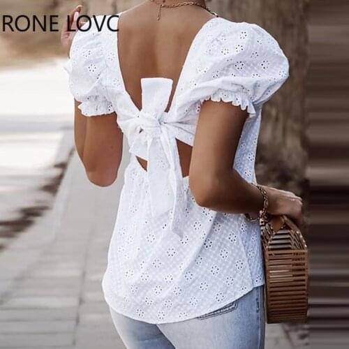 Women Square Neck Hollow-out Back Knot Bubble Sleeve Plain Blouse Women Summer Tops