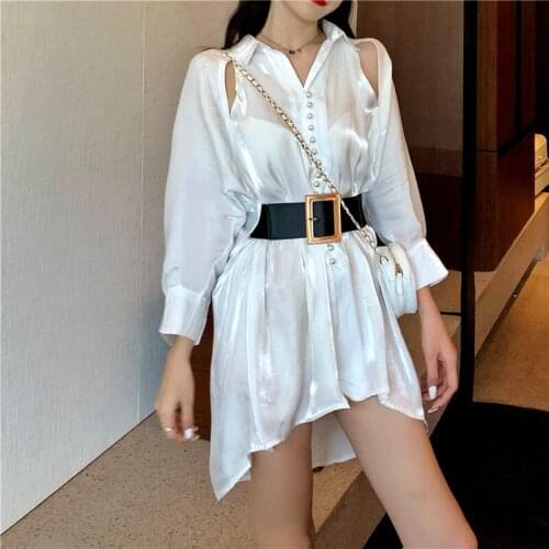 With Belt Spring Summer Women Blouse Shirt Female Hollow Out Long-sleeved Shinny Shirts Woman Nice Club Sexy Blouses NS740