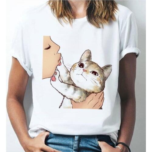 Womens T-shirt Female Harajuku Kawaii T Shirt Kiss Cat Print Top Cute Cat Cartoon Clothes O-neck Casual Ladies Tee Tops Shirts