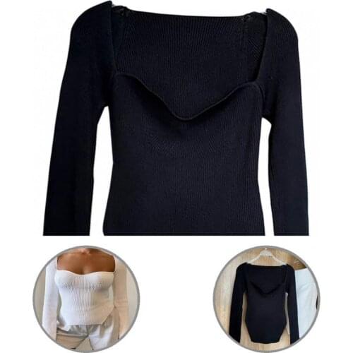 Sexy Stylish Irregular Hem Sweater Pullover Autumn Knitted Pullover Square Neck for Home