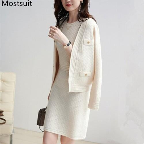 Vintage Elegant Knitted Two Piece Sets Women 2021 Spring Cardigan + Sleeveless Dress Outfits Fashion Ladies 2 Pcs Sets