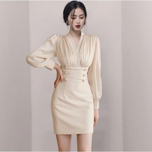 2021 New Spring Summer Women Patchwork Long Sleeve V Neck Hight Waist Bodycon Double Breasted Mini Dreped Dresses Ladies