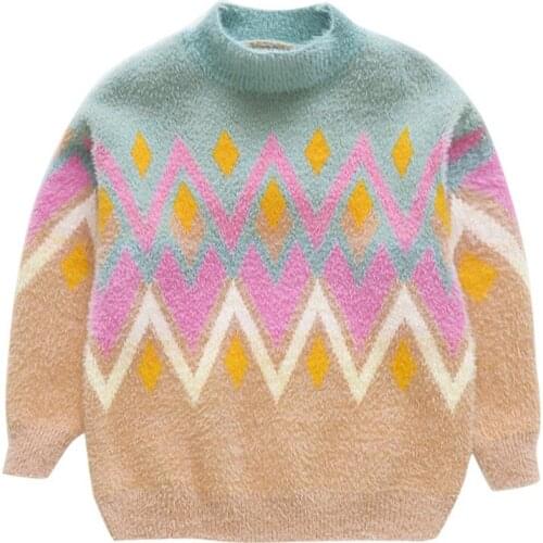 Girls Winter Thicken Knitted Sweater Girls Mink Fleece Plaid Printed Knit Gradient Color Pullover Warm Sweater Girls Sweater