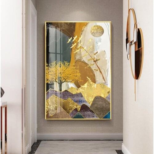Abstract Golden Landscape Canvas Poster Wall Art Flying Bird Elk tree Print Modern Style Painting Nordic Home Decoration Picture