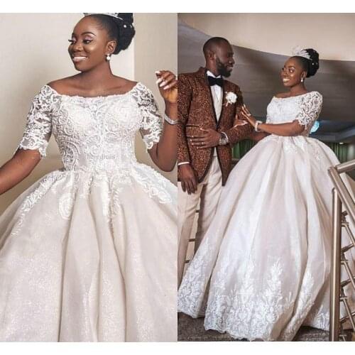 Black Girls Wedding Dresses Short Sleeves 2021 Arabic Scoop Neck Lace Appliqued Bridal Ball Gowns Plus Size