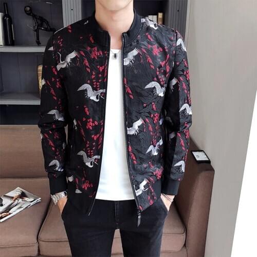 Black Red Jacquard Floral Jaqueta Masculina Slim Fit Bomber Print Vintage Jacket Club Outfit Men 3xl