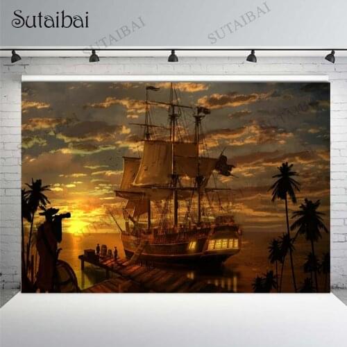 Old Pirate Boat Backgrounds Photography Booth Ship Palm Tree Sea Sunset Landscape Backdrop Photo Background Studio HD Wallpaper