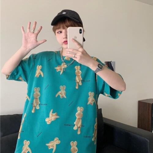 2021 New Rabbit Print T-shirt Female College Style Loose Thin Cartoon short Sleeve T Shirt Women Summer Casual Tops for Girls