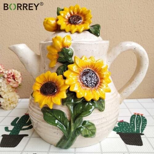 BORREY Upscale Ceramic Coffee Tea Pot European Style 3D Sun Flower Home Decoration artwork Ceramicware Birthday Wedding Gifts