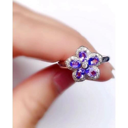 Fashion Silver Flower Ring 5 Pieces Natural Tanzanite Ring for Party Solid 925 Silver Tanzanite Jewelry 3mm*4mm Gift for Womann