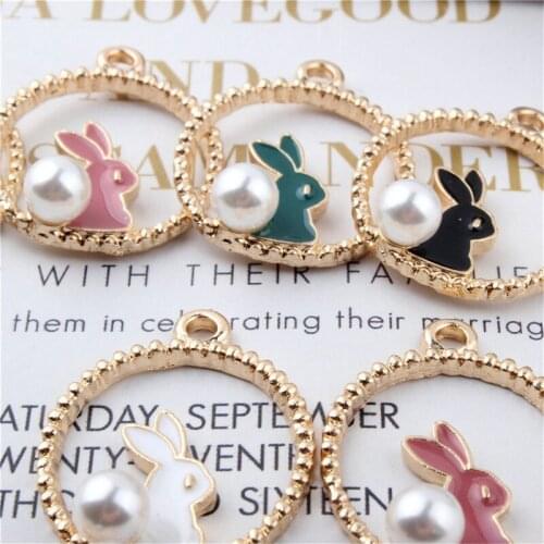 Julie Wang 5pcs Enamel Rabbit Round Charms With Man-made Pearl Alloy Animal Pendant Necklace Bracelet Jewelry Making Accessory