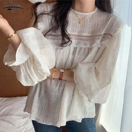 Summer Korean Lantern Sleeve Tassel Stitching Loose Womens Blouse Pleated Chiffon Shirt Hollow Lace Round Neck Top Women 15357