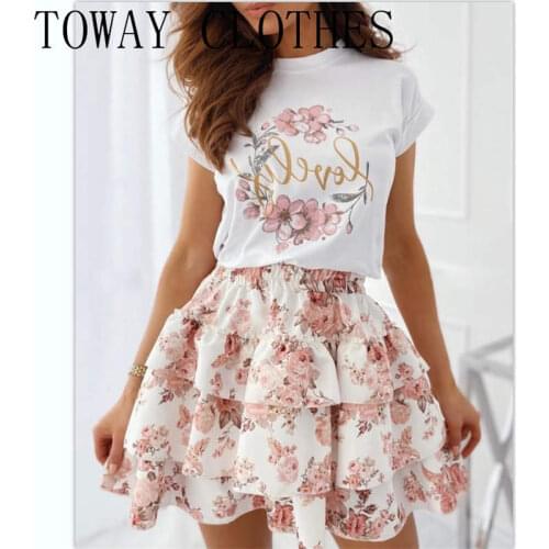 Summer Women Short Sleeve Floral Letter Print T-shirt & Layered Ruffles Skirt Set