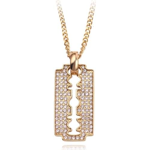 Hip Hop Fashion Razor Shape Link Chain Necklace Men Women Crystal Embellishment Pendant Necklace Blade Dazzling Hiphop Style